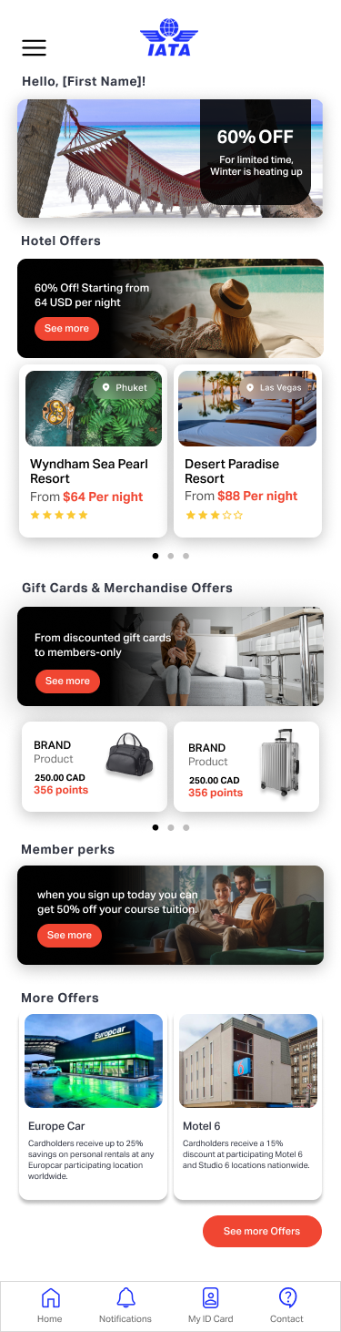IATA Agent Experience mobile app home feed showing offers, hotel content, gift cards and merchandise, and member perks, with navigation across the app.