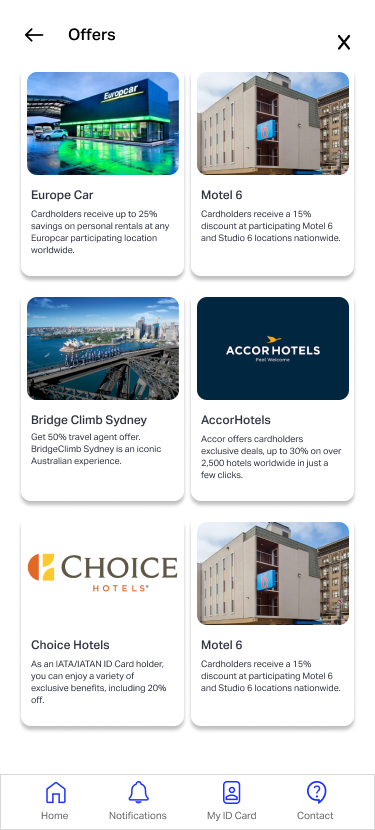 The Offers experience in the IATA Agent Experience mobile app, listing partner and member offers.